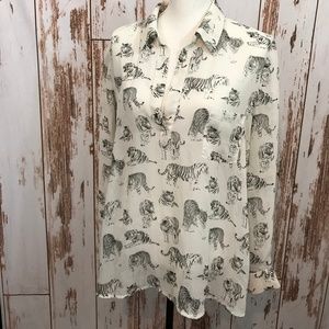 Plieone White Tiger Print Shirt Work Large Jungle